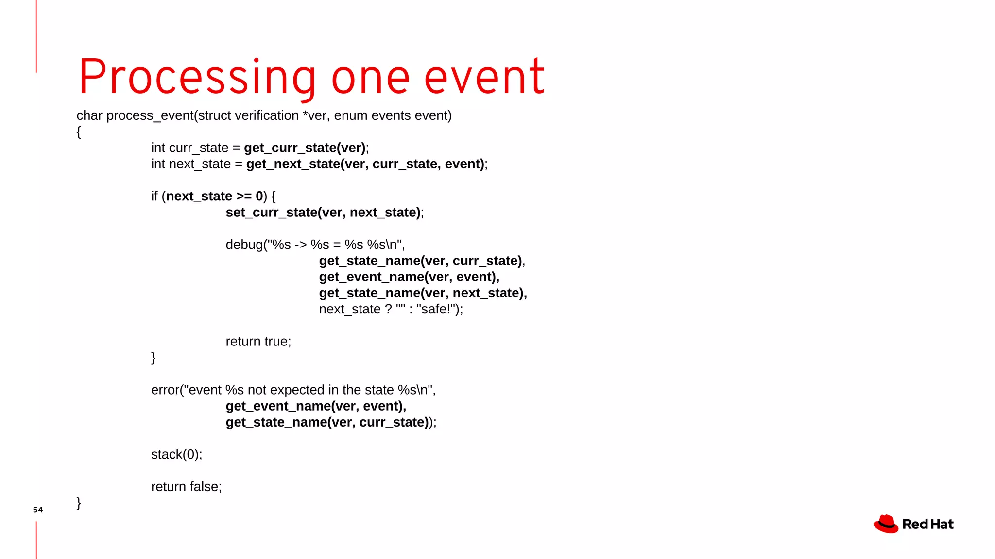 54
Processing one event
char process_event(struct verification *ver, enum events event)
{
int curr_state = get_curr_state(ver);
int next_state = get_next_state(ver, curr_state, event);
if (next_state >= 0) {
set_curr_state(ver, next_state);
debug("%s -> %s = %s %sn",
get_state_name(ver, curr_state),
get_event_name(ver, event),
get_state_name(ver, next_state),
next_state ? "" : "safe!");
return true;
}
error("event %s not expected in the state %sn",
get_event_name(ver, event),
get_state_name(ver, curr_state));
stack(0);
return false;
}
 