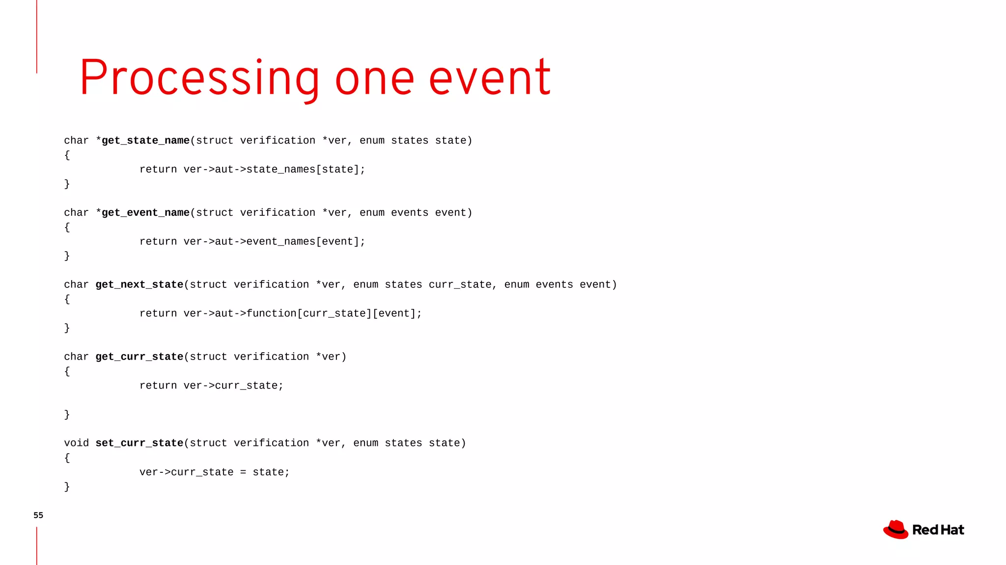 55
Processing one event
char *get_state_name(struct verification *ver, enum states state)
{
return ver->aut->state_names[state];
}
char *get_event_name(struct verification *ver, enum events event)
{
return ver->aut->event_names[event];
}
char get_next_state(struct verification *ver, enum states curr_state, enum events event)
{
return ver->aut->function[curr_state][event];
}
char get_curr_state(struct verification *ver)
{
return ver->curr_state;
}
void set_curr_state(struct verification *ver, enum states state)
{
ver->curr_state = state;
}
 