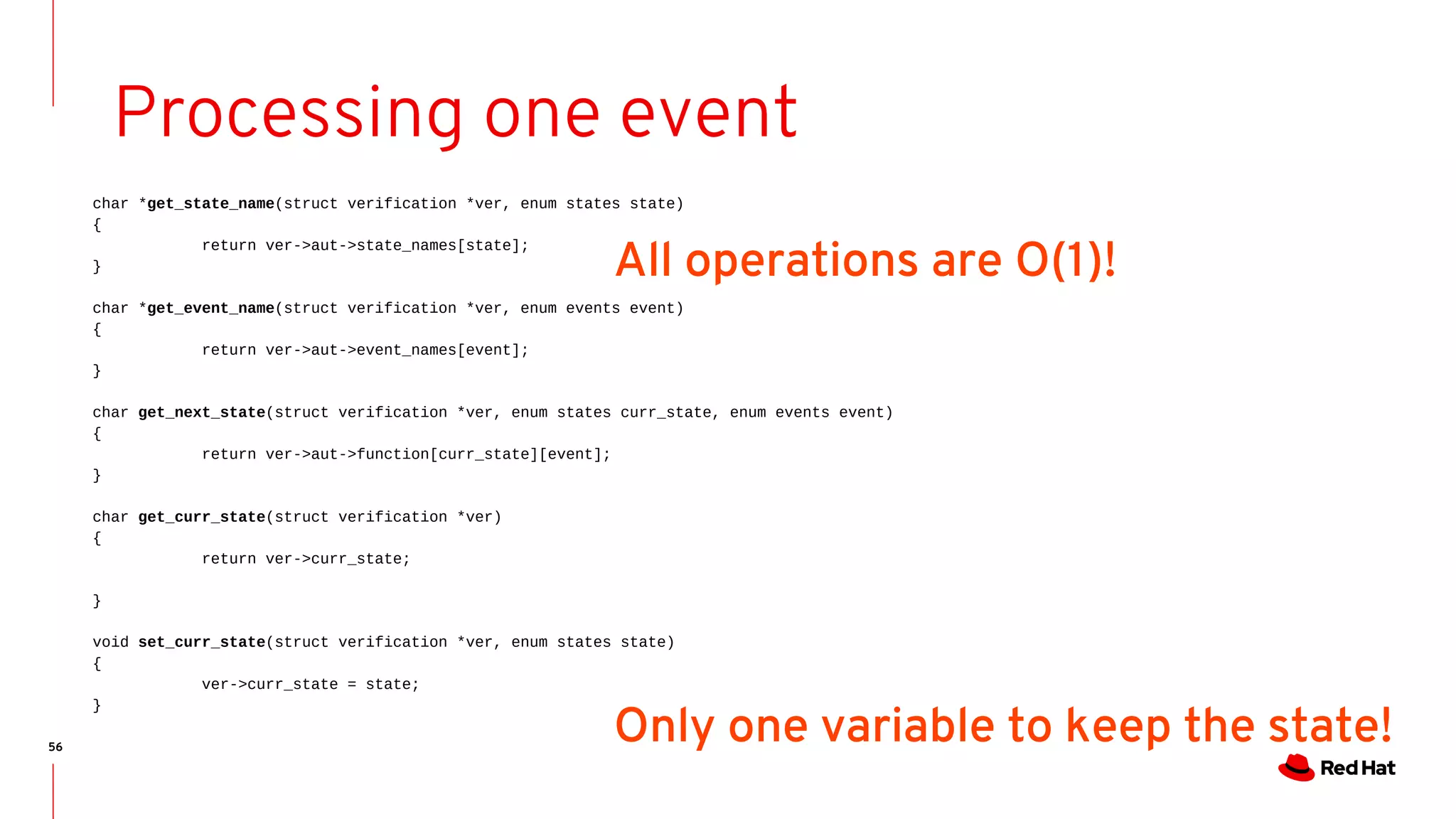 56
Processing one event
char *get_state_name(struct verification *ver, enum states state)
{
return ver->aut->state_names[state];
}
char *get_event_name(struct verification *ver, enum events event)
{
return ver->aut->event_names[event];
}
char get_next_state(struct verification *ver, enum states curr_state, enum events event)
{
return ver->aut->function[curr_state][event];
}
char get_curr_state(struct verification *ver)
{
return ver->curr_state;
}
void set_curr_state(struct verification *ver, enum states state)
{
ver->curr_state = state;
}
All operations are O(1)!
Only one variable to keep the state!
 