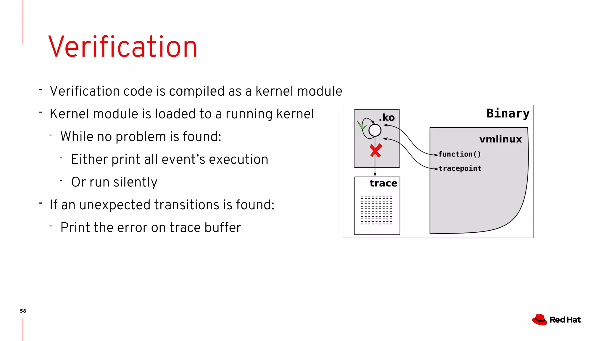 58
Verification
- Verification code is compiled as a kernel module
- Kernel module is loaded to a running kernel
- While no problem is found:
-
Either print all event’s execution
-
Or run silently
- If an unexpected transitions is found:
- Print the error on trace buffer
 