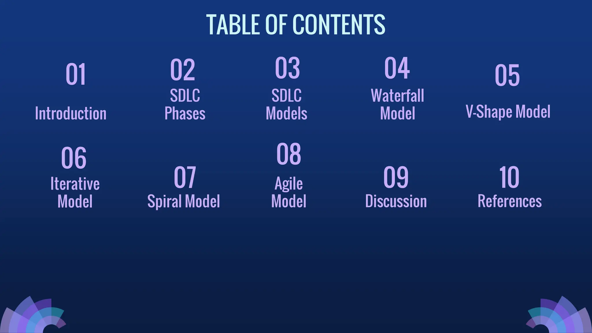 TABLE OF CONTENTS
Introduction
01
SDLC
Phases
02
SDLC
Models
03
Waterfall
Model
04
V-Shape Model
05
Iterative
Model
06
Spiral Model
07 Agile
Model
08
Discussion
09
References
10
 