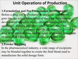 Unit Operations of Production
1.Formulation and Pre-Formulation Development:
Before a drug can be Produced at any scale, much work
goes into the actual formulation of the drug. Formulation
development scientists must evaluate a compound for
uniformity, stability and many other factors. After the
evaluation phase, a solution must be developed to deliver the
drug in its required form such as solid, semi-solid, immediate
or controlled release, tablet, capsule, and many other
Variations
2.Powder Blending
In the pharmaceutical industry, a wide range of excipients
may be blended together to create the final blend used to
manufacture the solid dosage form.
 