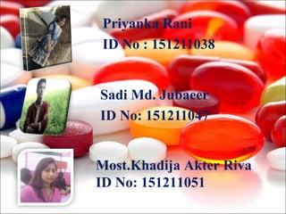 Sadi Md. Jubaeer
ID No: 151211047
Priyanka Rani
ID No : 151211038
Most.Khadija Akter Riva
ID No: 151211051
 