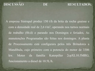 A empresa Sintrapel produz 150 t/h da brita da rocha gnaisse e
com a densidade real de 2,6 t/m3, operando nos turnos normais
de trabalho (8h/d) e parando nos Domingos e feriados, As
manutenções Programadas são feitas nos domingos. A planta
de Processamento está configurara pelos três Britadores a
Mandíbula, cujo primeiro com a potencia do motor de 3306
kw. Motor da família Katerpiller 2cpXL10.5MRG,
funcionamento a diesel de 10.5L/h.
 