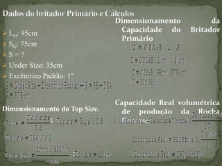  LG: 95cm
 SG: 75cm
 S = ?
 Under Size: 35cm
 Excêntrico Padrão: 1″
Dimensionamento do Top Size.
;
;
Dimensionamento da
Capacidade do Britador
Primário
Capacidade Real volumétrica
de produção da Rocha
Gnaisse
 