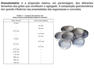 Granulometria: é a proporção relativa, em porcentagem, dos diferentes
tamanhos dos grãos que constituem o agregado. A composição granulométrica
tem grande influência nas propriedades das argamassas e concretos
 