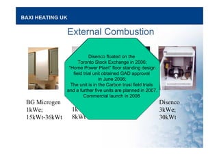 BAXI HEATING UK
External Combustion
BG Microgen
1kWe;
15kWt-36kWt
Whispergen
1kWe;
8kWt
Disenco
3kWe;
30kWt
ENATEC
1kWe;
9kWt
Microgen Energy Ltd, BG Group
Microgen/Baxi deal announced in 2006
Baxi bring to market a Stirling engine based
wall mounted microCHP in 2008;
Demonstrated savings and low carbon
Controlled Prototype trials are underway
Large scales trials planned
for 2007
E.ON UK /Powergen
limited commercial launch in 2004
40 units on trial showing good results
in target market >20,000 kWh thermal
1.1 -1.5 tonnes carbons savings
~£150 savings per year
~ 3 – 4 year payback.
Commercial deal announced
with Magic Boiler, Netherlands
ENATEC/ Rinnai and Infinia Corp;
Floor standing design free piston
Stirling engine
Trials in Netherlands showing results
0.7 – 1.0 tonnes CO2
Market introduction in Japan; 2007
Market introduction in Europe 2008
with a boiler manufacturer, MTS Group
Disenco floated on the
Toronto Stock Exchange in 2006;
“Home Power Plant” floor standing design
field trial unit obtained GAD approval
in June 2006;
The unit is in the Carbon trust field trials
and a further five units are planned in 2007.
Commercial launch in 2008
 