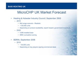 BAXI HEATING UK
MicroCHP UK Market Forecast
• Heating & Hotwater Industry Council; September 2005
– 2010
• Mid range scenario - Realistic
• ~120,000 units
• Depending on product availability, export reward, government incentives.
– 2020
• 5.6M installed base
• 6MtC cumulative saving
• BSRIA; September 2006
– 2010
• ~ 50,000 units
• Depending on key players signing commercial deals
 