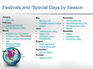 Festivals and /Special Days by Season
January
•

New Year

February
•
•

Candlemas Day (1st)
St Valentines Day (14th)

March
•
•
•
•
•
•

St David's Day (1st) (Wales)
St Patrick's Day (17th) (Ireland)
Shrove Tuesday (Pancake Day)
Lent
Mothering Sunday
(UK Mothers Day)
Easter

April
•
•

April Fool's Day (1st)
St George's Day (23rd)
(England)

May

November

•
•
•

May Day (1st)
•
Rochester Sweeps Festival •
Whistun
•
•
June
•
•
•

Trooping of the Colour
Fathers' Day
Wimbledon Tennis
Championship

August
•
•

Edinburgh Festival
Notting Hill Carnival

September
•

Harvest Festival

October
•

Halloween (31st)

Bonfire Night (5th)
Remembrance Day (11th)
St Andrew's Day (30th)
Advent

December
•
•
•

Advent
Christmas (25th)
Boxing Day (26th)

 