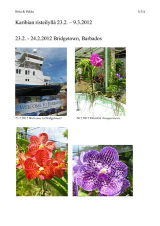 Brita & Pekka                                                         1(11)


Karibian risteilyllä 23.2. – 9.3.2012

23.2. - 24.2.2012 Bridgetown, Barbados




23.2.2012 Welcome to Bridgetown!   24.2.2012 Orkideat ilmajuurineen
 