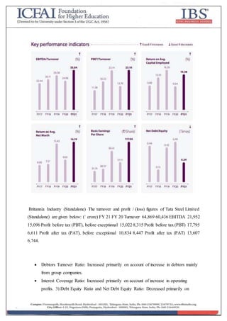 Britannia Industry (Standalone) The turnover and profit / (loss) figures of Tata Steel Limited
(Standalone) are given below: (` crore) FY 21 FY 20 Turnover 64,869 60,436 EBITDA 21,952
15,096 Profit before tax (PBT), before exceptional 15,022 8,315 Profit before tax (PBT) 17,795
6,611 Profit after tax (PAT), before exceptional 10,834 8,447 Profit after tax (PAT) 13,607
6,744.
 Debtors Turnover Ratio: Increased primarily on account of increase in debtors mainly
from group companies.
 Interest Coverage Ratio: Increased primarily on account of increase in operating
profits. 3) Debt Equity Ratio and Net Debt Equity Ratio: Decreased primarily on
 
