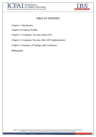 TABLE OF CONTENTS
Chapter 1: Introduction
Chapter 2:Company Profiles.
Chapter 3: Companies Tax rates before GST
Chapter 4: Companies Tax rates After GST implementation
Chapter 5: Summary of Findings and Conclusions
Bibliography
 
