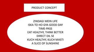 PRODUCT CONCEPT 
ZINDAGI MEIN LIFE 
ISKA TO HO GYA GOOD DAY 
TIME-PASS 
EAT HEALTHY, THINK BETTER 
DIRECT DIL SE 
KUCH HEALTHY, KUCH MASTI 
A SLICE OF SUNSHINE 
 