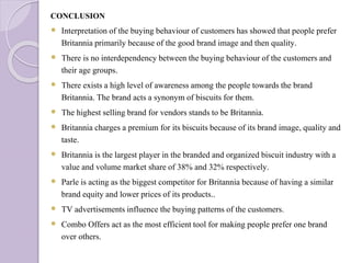 CONCLUSION
 Interpretation of the buying behaviour of customers has showed that people prefer
Britannia primarily because of the good brand image and then quality.
 There is no interdependency between the buying behaviour of the customers and
their age groups.
 There existsa high level of awarenessamong the people towards the brand
Britannia.The brand acts a synonym of biscuits for them.
 The highest selling brand for vendors stands to be Britannia.
 Britannia charges a premium for its biscuitsbecauseof its brand image, quality and
taste.
 Britannia is the largest player in the branded and organized biscuit industry with a
value and volume market share of 38% and 32% respectively.
 Parle is acting as the biggest competitor for Britanniabecause of having a similar
brand equity and lower prices of its products..
 TV advertisementsinfluence the buying patterns of the customers.
 Combo Offers act as the most efficienttool for making people prefer one brand
over others.
 