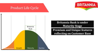 Product Life Cycle
Britannia
Rusk
Growth
Introduction Maturity Decline
Britannia Rusk is under
Maturity Stage
Premium and Unique features
reflecting on Customer Base
 