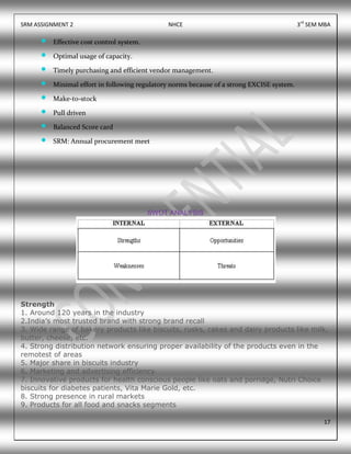 SRM ASSIGNMENT 2 NHCE 3rd
SEM MBA
17
 Effective cost control system.
 Optimal usage of capacity.
 Timely purchasing and efficient vendor management.
 Minimal effort in following regulatory norms because of a strong EXCISE system.
 Make-to-stock
 Pull driven
 Balanced Score card
 SRM: Annual procurement meet
SWOT ANALYSIS
Strength
1. Around 120 years in the industry
2.India’s most trusted brand with strong brand recall
3. Wide range of bakery products like biscuits, rusks, cakes and dairy products like milk,
butter, cheese, etc.
4. Strong distribution network ensuring proper availability of the products even in the
remotest of areas
5. Major share in biscuits industry
6. Marketing and advertising efficiency
7. Innovative products for health conscious people like oats and porridge, Nutri Choice
biscuits for diabetes patients, Vita Marie Gold, etc.
8. Strong presence in rural markets
9. Products for all food and snacks segments
 