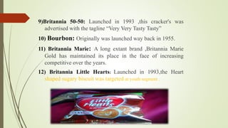 9)Britannia 50-50: Launched in 1993 ,this cracker's was 
advertised with the tagline “Very Very Tasty Tasty” 
10) Bourbon: Originally was launched way back in 1955. 
11) Britannia Marie: A long extant brand ,Britannia Marie 
Gold has maintained its place in the face of increasing 
competitive over the years. 
12) Britannia Little Hearts: Launched in 1993,the Heart 
shaped sugary biscuit was targeted at youth segment . 
 