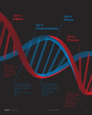 Got to                                                              Got to
                   B Bright                                                            B Polite
                                              Got to
                                              B Straightforward

                                                                                         Got to
                                                                                         B Creative




Having good
understanding is the
best way to get
through. What's
cooler than being
intelligent?



                   In a world where time is       To show good manners
                   money, a straightforward       toward others is to show
                   approach to a problem is       good manners towards you,
                   priceless.                     in behavior, speech, etc.
                   What's cooler than being       What's cooler than                   We need to explore
                   clear?                         being nice?                          the power of creating,
                                                                                       resulting from
                                                                                       originality of thought
                                                                                       and expression.
                                                                                       What's cooler than
                                                                                       being original?

BRITANNIA The English School                              Look & Feel for Cool Minds                            p.12
 