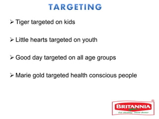  Tiger targeted on kids
 Little hearts targeted on youth
 Good day targeted on all age groups
 Marie gold targeted health conscious people
 