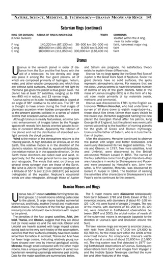 NATURE, SCIENCE, MEDICINE, & TECHNOLOGY—URANIAN MOONS AND RINGS                                                141


                                            Saturnian Rings (continued)
RING (OR DIVISION)    RADIUS OF RING’S INNER EDGE                           WIDTH     COMMENTS
(Encke division)                                                                      located within the A ring,
                                                                                       near its outer edge
F ring                  140,220 km (87,130 mi) 30–500 km (20–300 mi)                  faint, narrowest major ring
G ring                 166,000 km (103,150 mi)      8,000 km (5,000 mi)               faint
E ring                 180,000 km (111,850 mi) 300,000 km (186,400 mi)                faint


                                                          Uranus

U
       ranus is the seventh planet in order of dis-            and Saturn are prograde. No satisfactory theory
       tance from the Sun and the first found with the         exists to explain these differences.
       aid of a telescope. Its low density and large             Uranus has no large spots like the Great Red Spot of
size place it among the four giant planets, all of             Jupiter or the Great Dark Spot of Neptune. Since the
which are composed primarily of hydrogen, helium,              giant planets have no solid surfaces, the spots
water, and other volatile compounds and which thus             represent atmospheric storms. For reasons that are
are without solid surfaces. Absorption of red light by         not clear, Uranus seems to have the smallest number
methane gas gives the planet a blue-green color. The           of storms of any of the giant planets. Most of the
planet has at least 27 satellites, ranging up to 789           mass of Uranus (roughly 80%) is in the form of a liq-
km (490 mi) in radius, and 13 narrow rings.                    uid core made primarily of icy materials (water,
  Uranus spins on its side; its rotation axis is tipped at     methane, and ammonia).
an angle of 98° relative to its orbit axis. The 98° tilt         Uranus was discovered in 1781 by the English as-
is thought to have arisen during the final stages of           tronomer William Herschel, who had undertaken a
planetary accretion when bodies comparable in size             survey of all stars down to eighth magnitude—i.e.,
to the present planets collided in a series of violent         those about five times fainter than stars visible to
events that knocked Uranus onto its side.                      the naked eye. Herschel suggested naming the new
  Although Uranus is nearly featureless, extreme con-          planet the Georgian Planet after his patron, King
trast enhancement of images taken by the Voyager               George III of England, but the planet was eventually
spacecraft reveals faint bands oriented parallel to cir-       named according to the tradition of naming planets
cles of constant latitude. Apparently the rotation of          for the gods of Greek and Roman mythology;
the planet and not the distribution of absorbed sun-           Uranus is the father of Saturn, who is in turn the fa-
light controls the cloud patterns.                             ther of Jupiter.
  Wind is the motion of the atmosphere relative to the           After the discovery, Herschel continued to observe
rotating planet. At high latitudes on Uranus, as on the        the planet with larger and better telescopes and
Earth, this relative motion is in the direction of the         eventually discovered its two largest satellites, Tita-
planet’s rotation. At low (that is, equatorial) latitudes,     nia and Oberon, in 1787. Two more satellites, Ariel
the relative motion is in the opposite direction. On the       and Umbriel, were discovered by the British
Earth these directions are called east and west, re-           astronomer William Lassell in 1851. The names of
spectively, but the more general terms are prograde            the four satellites come from English literature—they
and retrograde. The winds that exist on Uranus are             are characters in works by Shakespeare and Pope—
several times stronger than are those of the Earth.            and were proposed by Herschel’s son, John Her-
The wind is 200 m (656 ft) per second (prograde) at            schel. A fifth satellite, Miranda, was discovered by
a latitude of 55° S and 110 m (360.8 ft) per second            Gerard P. Kuiper in 1948. The tradition of naming
(retrograde) at the equator. Neptune’s equatorial              the satellites after characters in Shakespeare’s and
winds are also retrograde, although those of Jupiter           Pope’s works continues to the present.


                                             Uranian Moons and Rings

U
       ranus has 27 known satellites forming three dis-          The 5 major moons were discovered telescopically
       tinct groups: 13 small moons orbiting quite close       from Earth between 1787 and 1948. Eleven of the 13
       to the planet, 5 large moons located somewhat           innermost moons, with diameters of about 40–160 km
farther out, and finally, another 9 small and much more        (25–100 mi), were found in Voyager 2 images. The rest
distant moons. The members of the first two groups are         of the moons, with diameters of 10–200 km (6–120
in nearly circular orbits with low inclinations with respect   mi), were detected in Earth-based observations be-
to the planet.                                                 tween 1997 and 2003; the orbital motion of nearly all
  The densities of the four largest satellites, Ariel, Um-     of the outermost moons is retrograde (opposite to the
briel, Titania, and Oberon, suggest that they are about        direction of Uranus’s spin and revolution around the
half (or more) water ice and the rest rock. Oberon and         Sun).
Umbriel are heavily scarred with large impact craters            Thirteen narrow rings are known to encircle Uranus,
dating back to the very early history of the solar system,     with radii from 39,600 to 97,700 km (24,600 to
evidence that their surfaces probably have been stable         60,700 mi), for the most part within the orbits of the
since their formation. In contrast, Titania and Ariel have     innermost moons. For comparison, Uranus’s visible
far fewer large craters, indicating relatively young sur-      surface lies at a radius of about 25,600 km (15,900
faces shaped over time by internal geological activity.        mi). The ring system was first detected in 1977 dur-
Miranda, though small compared with the other major            ing Earth-based observations of Uranus. Subsequent
moons, has a unique jumbled patchwork of varied sur-           observations from Earth and images from Voyager 2
face terrain revealing surprisingly extensive past activity.   and the Hubble Space Telescope clarified the num-
Data for the major satellites are summarized below.            ber and other features of the rings.
 