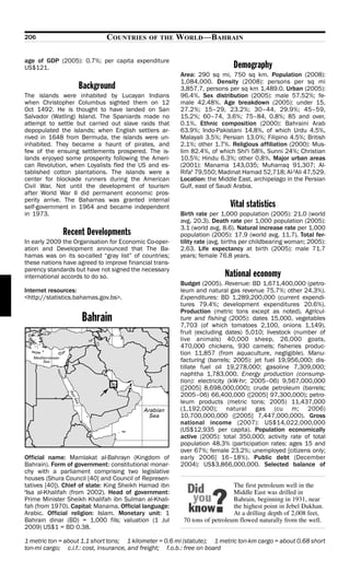206                           COUNTRIES      OF THE     WORLD—BAHRAIN

age of GDP (2005): 0.7%; per capita expenditure
US$121.                                                                     Demography
                                                        Area: 290 sq mi, 750 sq km. Population (2008):
                                                        1,084,000. Density (2008): persons per sq mi
                   Background                           3,857.7, persons per sq km 1,489.0. Urban (2005):
The islands were inhabited by Lucayan Indians           96.4%. Sex distribution (2005): male 57.52%; fe-
when Christopher Columbus sighted them on 12            male 42.48%. Age breakdown (2005): under 15,
Oct 1492. He is thought to have landed on San           27.2%; 15–29, 23.2%; 30–44, 29.9%; 45–59,
Salvador (Watling) Island. The Spaniards made no        15.2%; 60–74, 3.6%; 75–84, 0.8%; 85 and over,
attempt to settle but carried out slave raids that      0.1%. Ethnic composition (2000): Bahraini Arab
depopulated the islands; when English settlers ar-      63.9%; Indo-Pakistani 14.8%, of which Urdu 4.5%,
rived in 1648 from Bermuda, the islands were un-        Malayali 3.5%; Persian 13.0%; Filipino 4.5%; British
inhabited. They became a haunt of pirates, and          2.1%; other 1.7%. Religious affiliation (2000): Mus-
few of the ensuing settlements prospered. The is-       lim 82.4%, of which ShiCi 58%, Sunni 24%; Christian
lands enjoyed some prosperity following the Ameri-      10.5%; Hindu 6.3%; other 0.8%. Major urban areas
can Revolution, when Loyalists fled the US and es-      (2001): Manama 143,035; Muharraq 91,307; Al-
tablished cotton plantations. The islands were a        RifaC 79,550; Madinat Hamad 52,718; Al-CAli 47,529.
center for blockade runners during the American         Location: the Middle East, archipelago in the Persian
Civil War. Not until the development of tourism         Gulf, east of Saudi Arabia.
after World War II did permanent economic pros-
perity arrive. The Bahamas was granted internal
self-government in 1964 and became independent                            Vital statistics
in 1973.                                                Birth rate per 1,000 population (2005): 21.0 (world
                                                        avg. 20.3). Death rate per 1,000 population (2005):
                                                        3.1 (world avg. 8.6). Natural increase rate per 1,000
              Recent Developments                       population (2005): 17.9 (world avg. 11.7). Total fer-
In early 2009 the Organisation for Economic Co-oper-    tility rate (avg. births per childbearing woman; 2005):
ation and Development announced that The Ba-            2.63. Life expectancy at birth (2005): male 71.7
hamas was on its so-called “gray list” of countries;    years; female 76.8 years.
these nations have agreed to improve financial trans-
parency standards but have not signed the necessary
international accords to do so.                                         National economy
                                                        Budget (2005). Revenue: BD 1,671,400,000 (petro-
Internet resources:                                     leum and natural gas revenue 75.7%; other 24.3%).
<http://statistics.bahamas.gov.bs>.                     Expenditures: BD 1,289,200,000 (current expendi-
                                                        tures 79.4%; development expenditures 20.6%).
                                                        Production (metric tons except as noted). Agricul-
                    Bahrain                             ture and fishing (2005): dates 15,000, vegetables
                                                        7,703 (of which tomatoes 2,100, onions 1,149),
                                                        fruit (excluding dates) 5,010; livestock (number of
                                                        live animals) 40,000 sheep, 26,000 goats,
                                                        470,000 chickens, 930 camels; fisheries produc-
                                                        tion 11,857 (from aquaculture, negligible). Manu-
                                                        facturing (barrels; 2005): jet fuel 19,956,000; dis-
                                                        tillate fuel oil 19,278,000; gasoline 7,309,000;
                                                        naphtha 1,783,000. Energy production (consump-
                                                        tion): electricity (kW-hr; 2005–06) 9,567,000,000
                                                        ([2005] 8,698,000,000); crude petroleum (barrels;
                                                        2005–06) 66,400,000 ([2005] 97,300,000); petro-
                                                        leum products (metric tons; 2005) 11,437,000
                                                        (1,192,000); natural gas (cu m; 2006)
                                                        10,700,000,000 ([2005] 7,447,000,000). Gross
                                                        national income (2007): US$14,022,000,000
                                                        (US$12,935 per capita). Population economically
                                                        active (2005): total 350,000; activity rate of total
                                                        population 48.3% (participation rates: ages 15 and
                                                        over 67%; female 23.2%; unemployed [citizens only;
Official name: Mamlakat al-Bahrayn (Kingdom of          early 2006] 16–18%). Public debt (December
Bahrain). Form of government: constitutional monar-     2004): US$3,866,000,000. Selected balance of
chy with a parliament comprising two legislative
houses (Shura Council [40] and Council of Represen-
tatives [40]). Chief of state: King Sheikh Hamad ibn                        The first petroleum well in the
CIsa al-Khalifah (from 2002). Head of government:                           Middle East was drilled in
Prime Minister Sheikh Khalifah ibn Sulman al-Khali-                         Bahrain, beginning in 1931, near
fah (from 1970). Capital: Manama. Official language:                        the highest point in Jebel Dukhan.
Arabic. Official religion: Islam. Monetary unit: 1                          At a drilling depth of 2,008 feet,
Bahrain dinar (BD) = 1,000 fils; valuation (1 Jul        70 tons of petroleum flowed naturally from the well.
2009) US$1 = BD 0.38.

1 metric ton = about 1.1 short tons; 1 kilometer = 0.6 mi (statute); 1 metric ton-km cargo = about 0.68 short
ton-mi cargo; c.i.f.: cost, insurance, and freight; f.o.b.: free on board
 