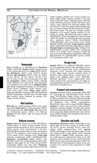 220                           COUNTRIES       OF THE       WORLD—BOTSWANA

                                                            (2007): sorghum 33,000, corn (maize) 12,000, sun-
                                                            flower seeds 7,000; livestock (number of live ani-
                                                            mals) 3,100,000 cattle, 1,960,000 goats, 300,000
                                                            sheep; fisheries production (2005) 132 (from aqua-
                                                            culture, none). Mining and quarrying (2006): soda
                                                            ash 255,677; nickel ore (metal content) 38,000; cop-
                                                            per ore (metal content) 24,300; diamonds 34,293,-
                                                            000 carats (about 70% gem and near-gem quality;
                                                            Botswana is the world’s leading producer of dia-
                                                            monds by value). Manufacturing (value added in
                                                            US$’000,000; 2004): beverages 50; motor vehicles
                                                            (1997) 33; textiles 12. Energy production (consump-
                                                            tion): electricity (kW-hr; 2005) 912,000,000
                                                            (2,602,000,000); hard coal (metric tons; 2006)
                                                            962,000 ([2004] 916,000). Gross national income
                                                            (2007): US$10,991,000,000 (US$5,840 per capita).
                                                            Selected balance of payments data. Receipts from
                                                            (US$’000,000): tourism (2006) 537; remittances
                                                            (2007) 117; foreign direct investment (2004–06
                                                            avg.) 316; official development assistance (2006) 65.
                                                            Disbursements for (US$’000,000): tourism (2006)
                                                            277; remittances (2007) 118.

                                                                              Foreign trade
                    Demography                              Imports (2005; c.i.f.): US$3,247,000,000 (machin-
Area: 224,848 sq mi, 582,356 sq km. Population              ery and apparatus 16.3%; food, beverages, and to-
(2008): 1,842,000. Density (2008): persons per sq           bacco 13.7%; mineral fuels 13.3%; transportation
mi 8.2, persons per sq km 3.2. Urban (2005): 53.6%.         equipment 12.5%; chemical and rubber products
Sex distribution (2007): male 50.07%; female                11.9%). Major import sources: Customs Union of
49.93%. Age breakdown (2007): under 15, 35.8%;              Southern Africa (CUSA) 85.1%; Europe 6.5%; Zim-
15–29, 33.7%; 30–44, 16.3%; 45–59, 8.7%;                    babwe 1.5%. Exports (2005; f.o.b.): US$4,395,-
60–74, 3.9%; 75–84, 1.2%; 85 and over, 0.4%. Eth-           000,000 (diamonds 75.1%; copper-nickel matte
nic composition (2000): Tswana 66.8%; Kalanga               10.3%; textiles 5.0%; meat products 1.7%). Major ex-
14.8%; Ndebele 1.7%; Herero 1.4%; San (Bushman)             port destinations: Europe 77.0%, of which UK 75.7%;
1.3%; Afrikaner 1.3%; other 12.7%. Religious affilia-       CUSA 9.0%; Zimbabwe 4.1%.
tion (2005): independent Christian 41.7%; traditional
beliefs 35.0%; Protestant 12.8%; Muslim 0.3%;
Hindu 0.2%; other 10.0%. Major cities (2004):                       Transport and communications
Gaborone 199,600; Francistown 89,100; Molepolole            Transport. Railroads (2001): route length (2002) 888
58,600; Selebi-Pikwe 53,500; Maun 47,000. Loca-             km; passenger-km 106,000,000; metric ton-km
tion: southern Africa, bordered by Namibia, Zim-            cargo 747,000,000. Roads (2004): total length
babwe, and South Africa.                                    24,455 km (paved 33%). Vehicles (2005): passenger
                                                            cars 82,056; trucks and buses 74,387. Air transport
                                                            (Air Botswana only; 2002): passenger-km
                   Vital statistics                         96,000,000; metric ton-km cargo 300,000. Commu-
Birth rate per 1,000 population (2007): 23.2 (world         nications, in total units (units per 1,000 persons).
avg. 20.3). Death rate per 1,000 population (2007):         Telephone landlines (2006): 137,000 (78); cellular
13.6 (world avg. 8.6). Total fertility rate (avg. births    telephone subscribers (2007): 1,427,000 (758); per-
per childbearing woman; 2007): 2.73. Life ex-               sonal computers (2005): 86,000 (49); total Internet
pectancy at birth (2007): male 51.6 years; female           users (2007): 80,000 (43); broadband Internet sub-
49.6 years.                                                 scribers (2005): 1,600.

                 National economy                                         Education and health
Budget (2005–06). Revenue: P 21,697,300,000 (tax            Educational attainment (1993). Percentage of pop-
revenue 88.2%, of which mineral royalties 50.2%,            ulation ages 25 and over having: no formal school-
customs duties and excise tax 16.1%; nontax revenue         ing 34.7%; primary education 44.1%; some sec-
10.8%; grants 1.0%). Expenditures: P 20,122,-               ondary 19.8%; postsecondary 1.4%. Literacy
200,000 (general government services including de-          (2005): percentage of total population ages 16 and
fense 27.7%; education 24.5%; economic services             over literate 81.4%; males literate 78.6%; females
15.4%; health 12.4%; transfers 9.0%). Public debt           literate 84.1%. Health (2006): physicians 526 (1
(external, outstanding; 2006): US$384,000,000.              per 3,346 persons); hospital beds 3,911 (1 per 450
Population economically active (2001): total                persons); infant mortality rate per 1,000 live births
587,882; activity rate of total population 35.0% (par-      (2007) 44.0; undernourished population (2002–04)
ticipation rates: ages 15–64, 57.6%; female 43.8%;          600,000 (32% of total population based on the con-
unemployed [2004] more than 20%). Production                sumption of a minimum daily requirement of 1,860
(metric tons except as noted). Agriculture and fishing      calories).

1 metric ton = about 1.1 short tons; 1 kilometer = 0.6 mi (statute); 1 metric ton-km cargo = about 0.68 short
ton-mi cargo; c.i.f.: cost, insurance, and freight; f.o.b.: free on board
 