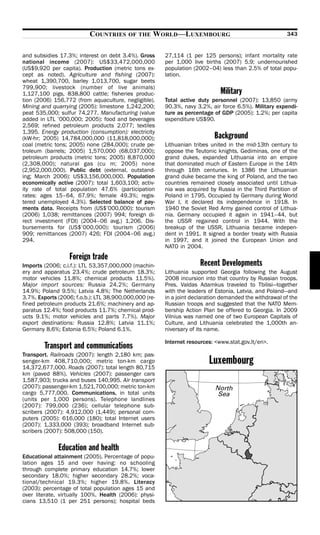 COUNTRIES       OF THE    WORLD—LUXEMBOURG                                    343


and subsidies 17.3%; interest on debt 3.4%). Gross      27,114 (1 per 125 persons); infant mortality rate
national income (2007): US$33,472,000,000               per 1,000 live births (2007) 5.9; undernourished
(US$9,920 per capita). Production (metric tons ex-      population (2002–04) less than 2.5% of total popu-
cept as noted). Agriculture and fishing (2007):         lation.
wheat 1,390,700, barley 1,013,700, sugar beets
799,900; livestock (number of live animals)
1,127,100 pigs, 838,800 cattle; fisheries produc-                             Military
tion (2006) 156,772 (from aquaculture, negligible).     Total active duty personnel (2007): 13,850 (army
Mining and quarrying (2005): limestone 1,242,200;       90.3%, navy 3.2%, air force 6.5%). Military expendi-
peat 535,000; sulfur 74,277. Manufacturing (value       ture as percentage of GDP (2005): 1.2%; per capita
added in LTL ’000,000; 2005): food and beverages        expenditure US$90.
2,569; refined petroleum products 2,077; textiles
1,395. Energy production (consumption): electricity
(kW-hr; 2005) 14,784,000,000 (11,818,000,000);                             Background
coal (metric tons; 2005) none (284,000); crude pe-      Lithuanian tribes united in the mid-13th century to
troleum (barrels; 2005) 1,570,000 (68,037,000);         oppose the Teutonic knights. Gediminas, one of the
petroleum products (metric tons; 2005) 8,870,000        grand dukes, expanded Lithuania into an empire
(2,308,000); natural gas (cu m; 2005) none              that dominated much of Eastern Europe in the 14th
(2,952,000,000). Public debt (external, outstand-       through 16th centuries. In 1386 the Lithuanian
ing; March 2006): US$3,156,000,000. Population          grand duke became the king of Poland, and the two
economically active (2007): total 1,603,100; activ-     countries remained closely associated until Lithua-
ity rate of total population 47.6% (participation       nia was acquired by Russia in the Third Partition of
rates: ages 15–64, 67.9%; female 49.3%; regis-          Poland in 1795. Occupied by Germany during World
tered unemployed 4.3%). Selected balance of pay-        War I, it declared its independence in 1918. In
ments data. Receipts from (US$’000,000): tourism        1940 the Soviet Red Army gained control of Lithua-
(2006) 1,038; remittances (2007) 994; foreign di-       nia. Germany occupied it again in 1941–44, but
rect investment (FDI) (2004–06 avg.) 1,206. Dis-        the USSR regained control in 1944. With the
bursements for (US$’000,000): tourism (2006)            breakup of the USSR, Lithuania became indepen-
909; remittances (2007) 426; FDI (2004–06 avg.)         dent in 1991. It signed a border treaty with Russia
294.                                                    in 1997, and it joined the European Union and
                                                        NATO in 2004.
                  Foreign trade
Imports (2006; c.i.f.): LTL 53,357,000,000 (machin-                   Recent Developments
ery and apparatus 23.4%; crude petroleum 18.3%;         Lithuania supported Georgia following the August
motor vehicles 11.8%; chemical products 11.5%).         2008 incursion into that country by Russian troops.
Major import sources: Russia 24.2%; Germany             Pres. Valdas Adamkus traveled to Tbilisi—together
14.9%; Poland 9.5%; Latvia 4.8%; The Netherlands        with the leaders of Estonia, Latvia, and Poland—and
3.7%. Exports (2006; f.o.b.): LTL 38,900,000,000 (re-   in a joint declaration demanded the withdrawal of the
fined petroleum products 21.6%; machinery and ap-       Russian troops and suggested that the NATO Mem-
paratus 12.4%; food products 11.7%; chemical prod-      bership Action Plan be offered to Georgia. In 2009
ucts 9.1%; motor vehicles and parts 7.7%). Major        Vilnius was named one of two European Capitals of
export destinations: Russia 12.8%; Latvia 11.1%;        Culture, and Lithuania celebrated the 1,000th an-
Germany 8.6%; Estonia 6.5%; Poland 6.1%.                niversary of its name.

                                                        Internet resources: <www.stat.gov.lt/en>.
        Transport and communications
Transport. Railroads (2007): length 2,180 km; pas-
senger-km 408,710,000; metric ton-km cargo
14,372,677,000. Roads (2007): total length 80,715
                                                                         Luxembourg
km (paved 88%). Vehicles (2007): passenger cars
1,587,903; trucks and buses 140,995. Air transport
(2007): passenger-km 1,521,700,000; metric ton-km
cargo 5,777,000. Communications, in total units
(units per 1,000 persons). Telephone landlines
(2007): 799,000 (236); cellular telephone sub-
scribers (2007): 4,912,000 (1,449); personal com-
puters (2005): 616,000 (180); total Internet users
(2007): 1,333,000 (393); broadband Internet sub-
scribers (2007): 508,000 (150).

              Education and health
Educational attainment (2005). Percentage of popu-
lation ages 15 and over having: no schooling
through complete primary education 14.7%; lower
secondary 18.0%; higher secondary 28.2%; voca-
tional/technical 19.3%; higher 19.8%. Literacy
(2003): percentage of total population ages 15 and
over literate, virtually 100%. Health (2006): physi-
cians 13,510 (1 per 251 persons); hospital beds
 