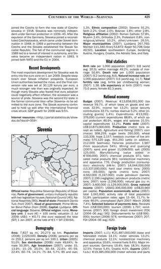 COUNTRIES       OF THE      WORLD—SLOVENIA                                     425


joined the Czechs to form the new state of Czecho-         1.3%. Ethnic composition (2002): Slovene 91.2%;
slovakia in 1918. Slovakia was nominally indepen-          Serb 2.2%; Croat 2.0%; Bosniac 1.8%; other 2.8%.
dent under German protection in 1939–45. After the         Religious affiliation (2002): Roman Catholic 57.8%,
expulsion of the Germans, Slovakia joined a reconsti-      Muslim 2.4%, Orthodox 2.3%, Protestant 0.8%, non-
tuted Czechoslovakia, which came under Soviet dom-         religious/atheist 10.2%, other/unknown 26.5%.
ination in 1948. In 1969 a partnership between the         Major municipalities (2007): Ljubljana 267,760;
Czechs and the Slovaks established the Slovak So-          Maribor 111,340; Kranj 53,872; Koper 50,708; Celje
cialist Republic. The fall of the communist regime in      49,501. Location: southeastern Europe, bordering
1989 led to a revival of interest in autonomy, and Slo-    Austria, Hungary, Croatia, the Adriatic Sea, and Italy.
vakia became an independent nation in 1993. It
joined both NATO and the EU in 2004.
                                                                             Vital statistics
                                                           Birth rate per 1,000 population (2007): 9.8 (world
              Recent Developments                          avg. 20.3); within marriage 49.2%; outside of mar-
The most important development for Slovakia was its        riage 50.8%. Death rate per 1,000 population
entry into the euro zone on 1 Jan 2009. Despite skep-      (2007): 9.2 (world avg. 8.6). Natural increase rate per
ticism over Slovak inflation prospects, European           1,000 population (2007): 0.6 (world avg. 11.7). Total
Union authorities backed the move, and the final con-      fertility rate (avg. births per childbearing woman;
version rate was set at 30.126 koruny per euro, a          2007): 1.38. Life expectancy at birth (2007): male
much stronger rate than was originally expected. Al-       75.0 years; female 82.3 years.
though many Slovaks also feared that euro adoption
could negatively affect inflation, the accession was a
source of pride. Slovakia was the second EU state in                       National economy
the former communist bloc—after Slovenia—to be ad-         Budget (2007). Revenue: >13,658,091,000 (tax
mitted to the euro zone. The Slovak economy contin-        revenue 59.7%, of which taxes on goods and ser-
ued to hold up well after the international financial      vices 32.9%, income tax 13.2%; social security
crisis struck; GDP growth for 2008 was 9.5%.               contributions 33.7%; nontax revenue 5.2%; other [in-
                                                           cluding grants] 1.4%). Expenditures: >13,092,-
Internet resources: <http://portal.statistics.sk/show-     376,000 (current expenditures 88.8%, of which so-
doc.do?docid=359>.                                         cial protection 46.9%, wages and salaries 21.5%;
                                                           capital expenditures 11.2%). Public debt (2007):
                                                           US$10,875,000,000. Production (metric tons ex-
                     Slovenia                              cept as noted). Agriculture and fishing (2007): corn
                                                           (maize) 308,259, sugar beets 260,000, wheat
                                                           133,339, hops 2,157; livestock (number of live ani-
                                                           mals) 575,120 pigs, 451,293 cattle (in addition,
                                                           212,000 beehives); fisheries production 1,967
                                                           (from aquaculture 54%). Mining and quarrying
                                                           (2007): sand and gravel 11,008,600; salt (2005)
                                                           125,000. Manufacturing (value added in
                                                           >’000,000; 2007): chemical products 971; fabri-
                                                           cated metal products 961; nonelectrical machinery
                                                           and apparatus 776. Energy production (consump-
                                                           tion): electricity (kW-hr; 2007) 14,044,000,000
                                                           (13,337,000,000); hard coal (metric tons; 2005)
                                                           none (49,000); lignite (metric tons; 2007)
                                                           4,562,000 (5,197,000); crude petroleum (barrels;
                                                           2007) 2,199 (negligible); petroleum products (metric
                                                           tons; 2007) none (2,296,000); natural gas (cu m;
                                                           2007) 3,400,000 (1,124,000,000). Gross national
                                                           income (2007): US$42,306,000,000 (US$20,960
Official name: Republika Slovenija (Republic of Slove-     per capita). Population economically active (2007):
nia). Form of government: unitary multiparty republic      total 1,041,600; activity rate of total population
with two legislative houses (National Council [40]; Na-    51.8% (participation rates: ages 15–64, 71.7%; fe-
tional Assembly [90]). Head of state: President Danilo     male 46.0%; unemployed [April 2007–March 2008]
Turk (from 2007). Head of government: Prime Minis-         7.4%). Selected balance of payments data. Receipts
ter Borut Pahor (from 2008). Capital: Ljubljana. Offi-     from (US$’000,000): tourism (2006) 1,797; remit-
cial language: Slovene. Official religion: none. Mone-     tances (2007) 300; foreign direct investment (FDI)
tary unit: 1 euro (>) = 100 cents; valuation (1 Jul        (2004–06 avg.) 562. Disbursements for (US$’000,-
2009) US$1 = >0.71 (the euro replaced the tolar            000): tourism (2006) 974; remittances (2007) 207;
[SIT] 1 Jan 2007, at the rate of >1 = SIT 239.64).         FDI (2004–06 avg.) 620.

                    Demography                                                Foreign trade
Area: 7,827 sq mi, 20,273 sq km. Population                Imports (2007; c.i.f.): >21,487,000,000 (base and
(2008): 2,029,000. Density (2008): persons per sq          fabricated metals 14.1%; motor vehicles 13.2%;
mi 259.2, persons per sq km 100.1. Urban (2005):           chemical products 12.1%; nonelectrical machinery
51.0%. Sex distribution (2008): male 49.64%; fe-           and apparatus 10.6%; mineral fuels 9.4%). Major im-
male 50.36%. Age breakdown (2007): under 15,               port sources: Germany 19.4%; Italy 18.3%; Austria
13.9%; 15–29, 20.0%; 30–44, 22.6%; 45–59,                  12.5%; France 5.4%; Croatia 4.0%. Exports (2007;
22.4%; 60–74, 14.1%; 75–84, 5.7%; 85 and over,             f.o.b.): >19,385,000,000 (motor vehicles and parts
 