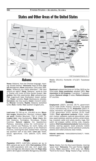 582                              UNITED STATES—ALABAMA, ALASKA


                States and Other Areas of the United States




                     Alabama                                Mobile 191,411; Huntsville 171,327; Tuscaloosa
                                                            88,722.
Name: Alabama, from the Choctaw language, mean-
ing “thicket clearers.” Nickname: Heart of Dixie. Cap-
ital: Montgomery. Rank: population: 23rd; area: 30th.                            Government
Motto: “Audemus jura nostra defendere” (“We dare            Statehood: entered the Union on 14 Dec 1819 as the
defend our rights”). Song: “Alabama,” words by Julia        22nd state. State constitution: adopted 1901. Rep-
S. Tutwiler and music by Edna Gockel Gussen. Am-            resentation in US Congress: 2 senators; 7 represen-
phibian: Red Hills salamander. Bird: yellowhammer.          tatives. Electoral college: 9 votes. Political divisions:
Fish: largemouth bass (freshwater); tarpon (saltwa-         67 counties.
ter). Flower: camellia. Fossil: Basilosaurus cetoides.
Gemstone: star blue quartz. Insect: monarch butter-
fly. Mineral: hematite. Reptile: Alabama red-bellied                               Economy
turtle. Rock: marble. Tree: southern longleaf pine.         Employment (2007): services 29.7%; government
                                                            15.7%; trade 14.8%; finance, insurance, real estate
                                                            13.2%; manufacturing 11.7%. Production (2007): fi-
                  Natural features                          nance, insurance, real estate 21.3%; manufacturing
Land area: 51,700 sq mi, 133,902 sq km. Moun-               17.3%; government 15.5%; services 15.2%; trade
tain ranges: Appalachian, Raccoon, Lookout. High-           13.8%. Chief agricultural products: Crops: cotton,
est point: Cheaha Mountain, 734 m (2,407 ft).               corn (maize), soybeans, peanuts (groundnuts), pota-
Largest lake: Lake Guntersville. Major rivers: Mo-          toes, sweet potatoes, peaches, pecans, winter wheat,
bile, Alabama, Tombigbee, Tennessee, Chatta-                hay. Livestock: cattle and calves, poultry, hogs. Fish
hoochee. Natural regions: the Appalachian                   catch: red snapper, catfish, shrimp, crab, mussels,
Plateaus, extending across the north-central re-            oysters. Chief manufactured products: food products;
gion; Interior Low Plateaus, far north; Valley and          textiles; wearing apparel; wood products; mobile
Ridge Province and small portion of the Piedmont            homes; paper products; refined petroleum products;
Province, covering the east; Coastal Plain, covering        plastics and rubber products; base metals.
the southern half of the state. Land use: forest,
64.4%; agricultural, 7.5%; pasture, 0.2%; other,            Internet resources: <www.alabama.travel/>; <www.
27.9%.                                                      alabama.gov>.

                        People                                                     Alaska
Population (2007): 4,627,851; persons per sq mi
89.5, persons per sq km 34.6. Vital statistics (2006;       Name: Alaska, from the Aleut word Alyeska, meaning
per 1,000 population): birth rate, 13.7; death rate,        “great land.” Nickname: The Last Frontier. Capital:
10.2; marriage rate, 8.6; divorce rate, 4.8. Major cities   Juneau. Rank: population: 47th; area: 1st. Motto:
(2007): Birmingham 229,800; Montgomery 204,086;             “North to the future.” Song: “Alaska’s Flag,” words by
 