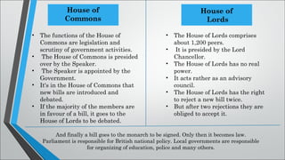 • The functions of the House of
Commons are legislation and
scrutiny of government activities.
• The House of Commons is presided
over by the Speaker.
• The Speaker is appointed by the
Government.
• It's in the House of Commons that
new bills are introduced and
debated.
• If the majority of the members are
in favour of a bill, it goes to the
House of Lords to be debated.
House of
Commons
House of
Lords
• The House of Lords comprises
about 1,200 peers.
• It is presided by the Lord
Chancellor.
• The House of Lords has no real
power.
• It acts rather as an advisory
council.
• The House of Lords has the right
to reject a new bill twice.
• But after two rejections they are
obliged to accept it.
And finally a bill goes to the monarch to be signed. Only then it becomes law.
Parliament is responsible for British national policy. Local governments are responsible
for organizing of education, police and many others.
 