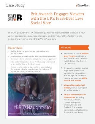 Case Study
RESULTS:
The UK’s popular BRIT Awards show partnered with Spredfast to create a new
viewer engagement experience by using an international live Twitter vote to
decide the winner of the “British Video” category.
Brit Awards Engages Viewers
with the UK’s First-Ever Live
Social Vote
OBJECTIVES:
•	 Build a digitally-progressive international brand for
the BRIT Awards
•	 Increase viewer engagement and drive international viewership
•	 Use on-air calls-to-action as a catalyst for viewer engagement
•	 Take leadership position as the first live program in the UK
to use a social vote to decide an award
•	 Embed a social media voting mechanic seamlessly into
the program editorial, ensuring that the traditional TV
experience is maintained and protected
	 Mentioned in over 4 million
total Tweets, making the
BRIT Awards 2014 the most
tweeted music TV show in
UK TV history.
	 On-air calls-to-action created
huge social spikes for all
bands in the competition –
with a single call-to-action
creating a more than 400%
increase in Tweets.
	 Viewership peaked at 5
million, with an average of
4.5 million viewers.
	 Tweets came from over
22 countries, including
Indonesia, Vietnam,
Dominican Republic,
Sweden, Russia, and
Thailand. The heaviest
concentration of votes came
from the United States.
 