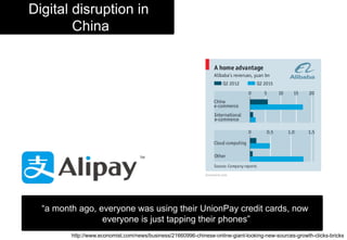 “a month ago, everyone was using their UnionPay credit cards, now
everyone is just tapping their phones”
Digital disruption in
China
http://www.economist.com/news/business/21660996-chinese-online-giant-looking-new-sources-growth-clicks-bricks
 
