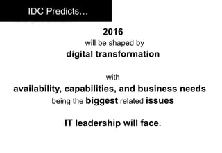 2016
will be shaped by
digital transformation
with
availability, capabilities, and business needs
being the biggest related issues
IT leadership will face.
IDC Predicts…
 