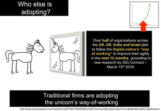 Over half of organizations across
the US, UK, India and Israel plan
to follow the Digital-native’s “way
of working” to improve their agility
in the next 12 months, according to
new research by IDG Connect –
March 15th 2016
http://www.businesswire.com/news/home/20160315005089/en/IDG-Connect-Microservices-Firms-Battle-Monolithic-Restrictions
Who else is
adopting?
Traditional firms are adopting
the unicorn’s way-of-working
 
