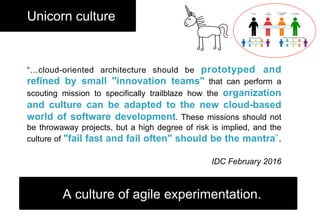 A culture of agile experimentation.
Unicorn culture
“…cloud-oriented architecture should be prototyped and
refined by small "innovation teams" that can perform a
scouting mission to specifically trailblaze how the organization
and culture can be adapted to the new cloud-based
world of software development. These missions should not
be throwaway projects, but a high degree of risk is implied, and the
culture of "fail fast and fail often" should be the mantra”.
IDC February 2016
Business Unit Leads Analysts & UX specialists & Technicians
NEW SMEsENTHUSIATIC INCUMBANTS
The Progranme
Director
The
Consultant
The DesignerThe CIO
NEW LEADERSHIP TEAM
 