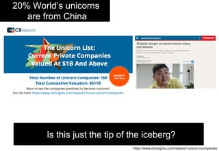 Is this just the tip of the iceberg?
20% World’s unicorns
are from China
https://www.cbinsights.com/research-unicorn-companies
 