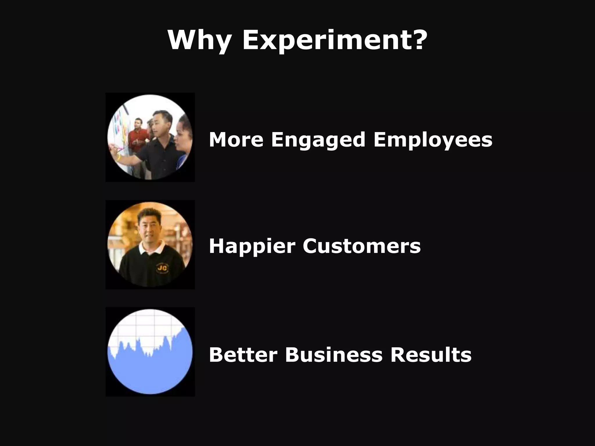Why Experiment?


  More Engaged Employees




  Happier Customers




  Better Business Results
 