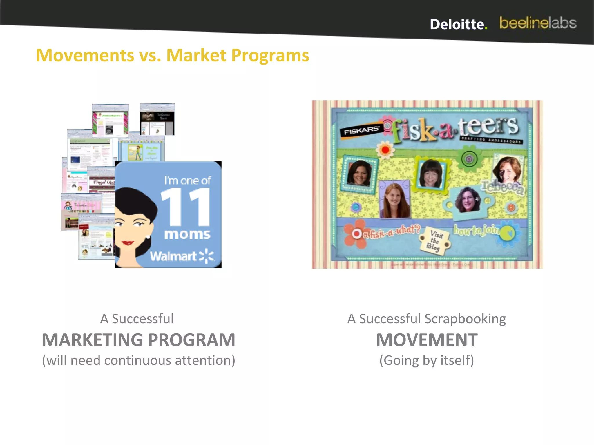 Movements vs. Market Programs A Successful  MARKETING PROGRAM (will need continuous attention) A Successful Scrapbooking MOVEMENT (Going by itself) 