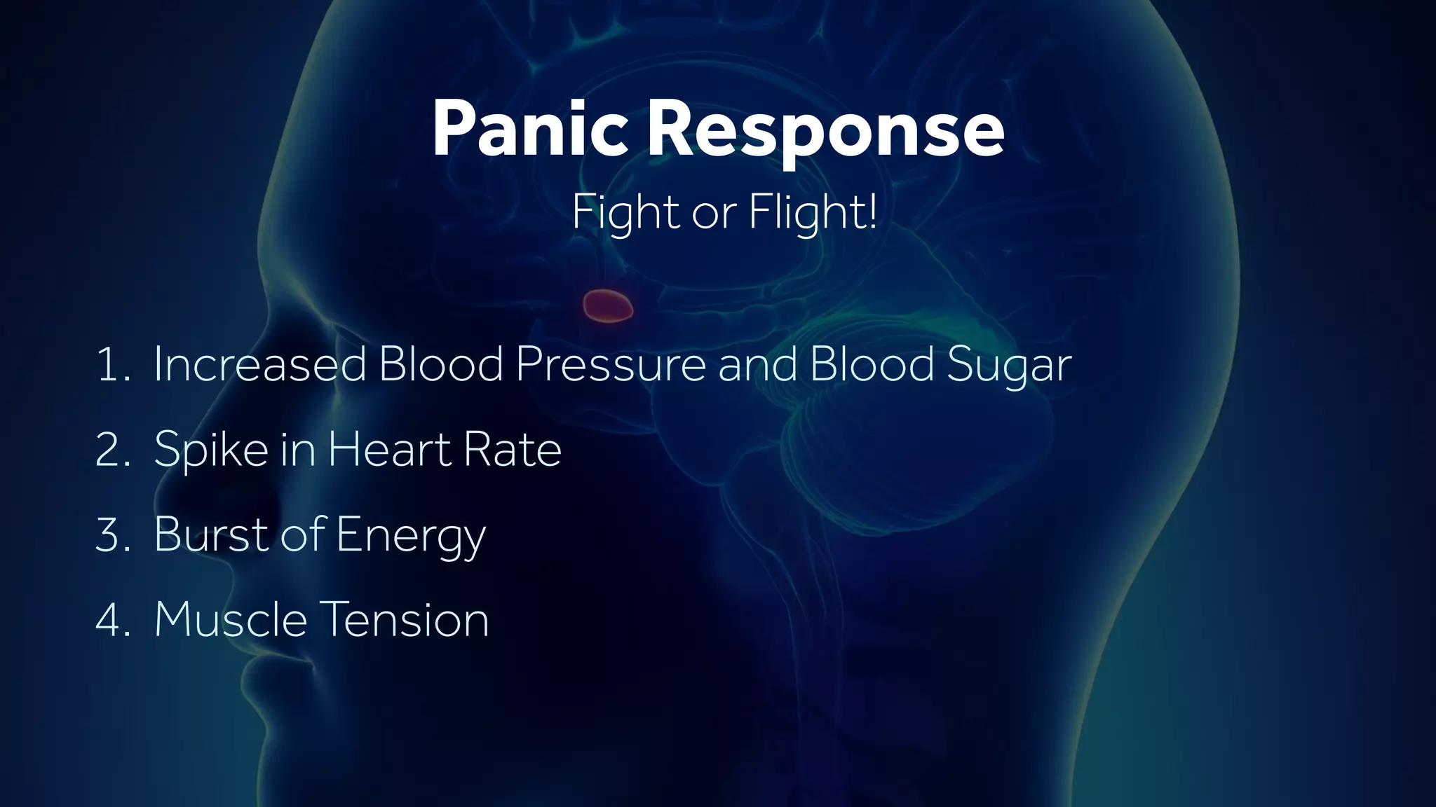 1. Increased Blood Pressure and Blood Sugar
2. Spike in Heart Rate
3. Burst of Energy
4. Muscle Tension
Panic Response
Fight or Flight!
 