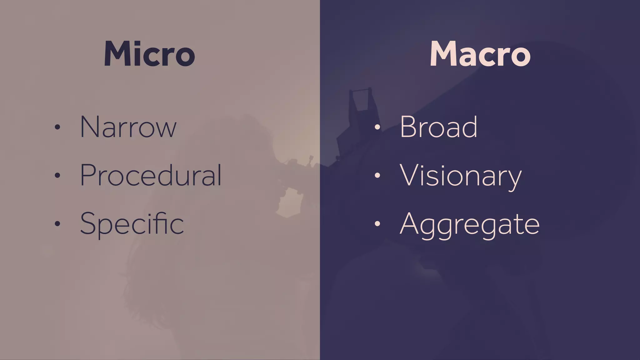 • Narrow
• Procedural
• Speciﬁc
Micro Macro
• Broad
• Visionary
• Aggregate
 