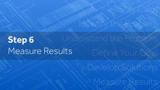 Stay Calm
Identify the Problem
Understand the Problem
Deﬁne Your Goal
Develop Solutions
Measure Results
Step 6
Measure Results
 