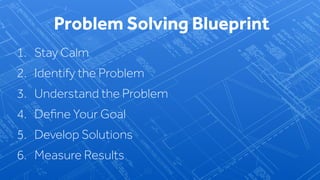 1. Stay Calm
2. Identify the Problem
3. Understand the Problem
4. Deﬁne Your Goal
5. Develop Solutions
6. Measure Results
Problem Solving Blueprint
 