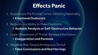 Eﬀects Panic
1. Suppresses Pre Frontal Cortex, Inhibiting Rationality
• Emotional Outbursts
2. Reduces our Ability to Make Decisions
• Analysis Paralysis or Self-Destructive Behavior
3. Hyper Awareness of Threat-Related Information
• Exaggeration and Paranoia
4. Negative Bias Toward Ambiguous Stimuli
• False Conclusions and Red Herrings
 