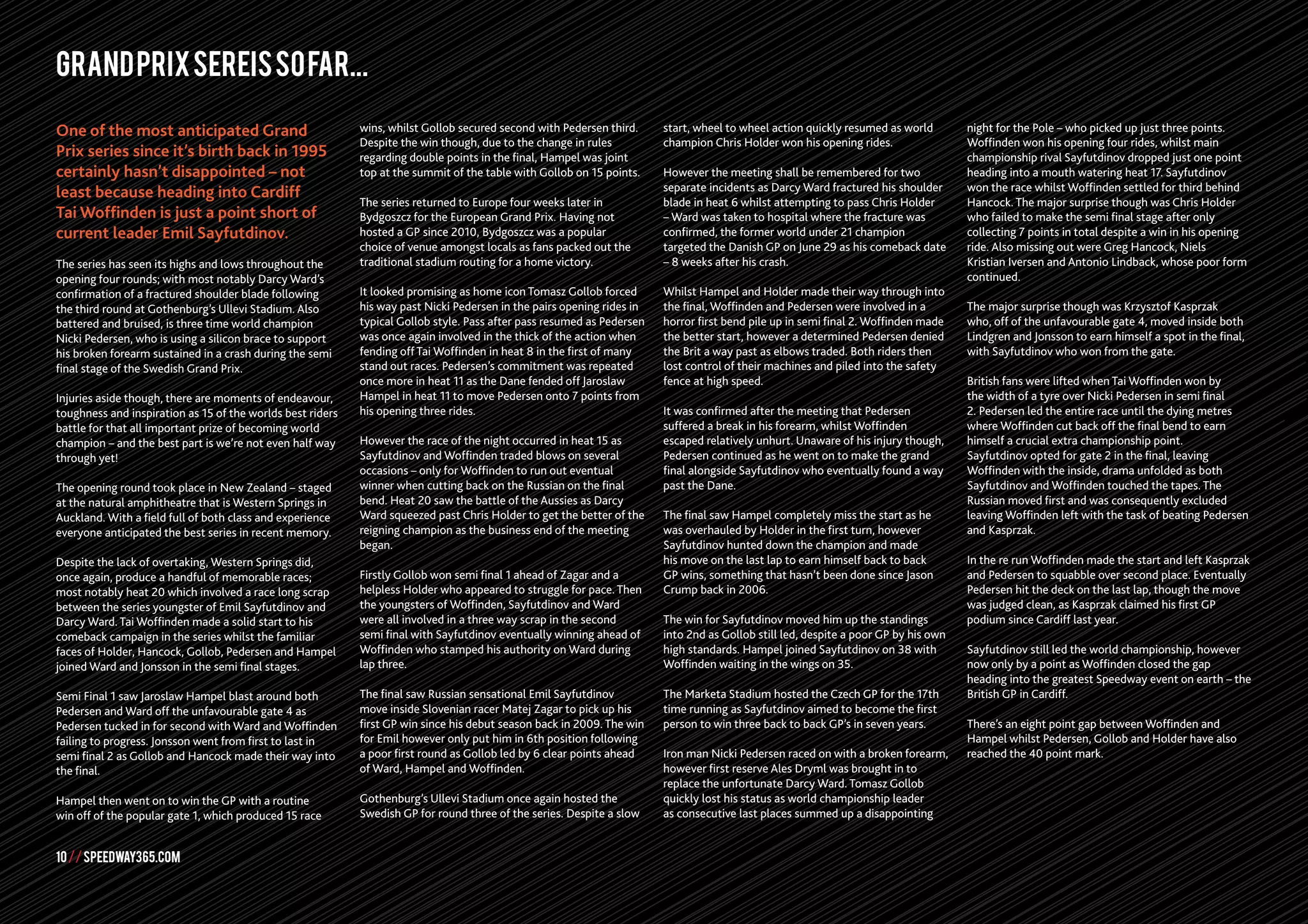 10//SPEEDWAY365.COM
GrandPrixSereisSoFar...
One of the most anticipated Grand
Prix series since it’s birth back in 1995
certainly hasn’t disappointed – not
least because heading into Cardiff
Tai Woffinden is just a point short of
current leader Emil Sayfutdinov.
The series has seen its highs and lows throughout the
opening four rounds; with most notably Darcy Ward’s
confirmation of a fractured shoulder blade following
the third round at Gothenburg’s Ullevi Stadium. Also
battered and bruised, is three time world champion
Nicki Pedersen, who is using a silicon brace to support
his broken forearm sustained in a crash during the semi
final stage of the Swedish Grand Prix.
Injuries aside though, there are moments of endeavour,
toughness and inspiration as 15 of the worlds best riders
battle for that all important prize of becoming world
champion – and the best part is we’re not even half way
through yet!
The opening round took place in New Zealand – staged
at the natural amphitheatre that is Western Springs in
Auckland. With a field full of both class and experience
everyone anticipated the best series in recent memory.
Despite the lack of overtaking, Western Springs did,
once again, produce a handful of memorable races;
most notably heat 20 which involved a race long scrap
between the series youngster of Emil Sayfutdinov and
Darcy Ward. Tai Woffinden made a solid start to his
comeback campaign in the series whilst the familiar
faces of Holder, Hancock, Gollob, Pedersen and Hampel
joined Ward and Jonsson in the semi final stages.
Semi Final 1 saw Jaroslaw Hampel blast around both
Pedersen and Ward off the unfavourable gate 4 as
Pedersen tucked in for second with Ward and Woffinden
failing to progress. Jonsson went from first to last in
semi final 2 as Gollob and Hancock made their way into
the final.
Hampel then went on to win the GP with a routine
win off of the popular gate 1, which produced 15 race
wins, whilst Gollob secured second with Pedersen third.
Despite the win though, due to the change in rules
regarding double points in the final, Hampel was joint
top at the summit of the table with Gollob on 15 points.
The series returned to Europe four weeks later in
Bydgoszcz for the European Grand Prix. Having not
hosted a GP since 2010, Bydgoszcz was a popular
choice of venue amongst locals as fans packed out the
traditional stadium routing for a home victory.
It looked promising as home icon Tomasz Gollob forced
his way past Nicki Pedersen in the pairs opening rides in
typical Gollob style. Pass after pass resumed as Pedersen
was once again involved in the thick of the action when
fending off Tai Woffinden in heat 8 in the first of many
stand out races. Pedersen’s commitment was repeated
once more in heat 11 as the Dane fended off Jaroslaw
Hampel in heat 11 to move Pedersen onto 7 points from
his opening three rides.
However the race of the night occurred in heat 15 as
Sayfutdinov and Woffinden traded blows on several
occasions – only for Woffinden to run out eventual
winner when cutting back on the Russian on the final
bend. Heat 20 saw the battle of the Aussies as Darcy
Ward squeezed past Chris Holder to get the better of the
reigning champion as the business end of the meeting
began.
Firstly Gollob won semi final 1 ahead of Zagar and a
helpless Holder who appeared to struggle for pace. Then
the youngsters of Woffinden, Sayfutdinov and Ward
were all involved in a three way scrap in the second
semi final with Sayfutdinov eventually winning ahead of
Woffinden who stamped his authority on Ward during
lap three.
The final saw Russian sensational Emil Sayfutdinov
move inside Slovenian racer Matej Zagar to pick up his
first GP win since his debut season back in 2009. The win
for Emil however only put him in 6th position following
a poor first round as Gollob led by 6 clear points ahead
of Ward, Hampel and Woffinden.
Gothenburg’s Ullevi Stadium once again hosted the
Swedish GP for round three of the series. Despite a slow
start, wheel to wheel action quickly resumed as world
champion Chris Holder won his opening rides.
However the meeting shall be remembered for two
separate incidents as Darcy Ward fractured his shoulder
blade in heat 6 whilst attempting to pass Chris Holder
– Ward was taken to hospital where the fracture was
confirmed, the former world under 21 champion
targeted the Danish GP on June 29 as his comeback date
– 8 weeks after his crash.
Whilst Hampel and Holder made their way through into
the final, Woffinden and Pedersen were involved in a
horror first bend pile up in semi final 2. Woffinden made
the better start, however a determined Pedersen denied
the Brit a way past as elbows traded. Both riders then
lost control of their machines and piled into the safety
fence at high speed.
It was confirmed after the meeting that Pedersen
suffered a break in his forearm, whilst Woffinden
escaped relatively unhurt. Unaware of his injury though,
Pedersen continued as he went on to make the grand
final alongside Sayfutdinov who eventually found a way
past the Dane.
The final saw Hampel completely miss the start as he
was overhauled by Holder in the first turn, however
Sayfutdinov hunted down the champion and made
his move on the last lap to earn himself back to back
GP wins, something that hasn’t been done since Jason
Crump back in 2006.
The win for Sayfutdinov moved him up the standings
into 2nd as Gollob still led, despite a poor GP by his own
high standards. Hampel joined Sayfutdinov on 38 with
Woffinden waiting in the wings on 35.
The Marketa Stadium hosted the Czech GP for the 17th
time running as Sayfutdinov aimed to become the first
person to win three back to back GP’s in seven years.
Iron man Nicki Pedersen raced on with a broken forearm,
however first reserve Ales Dryml was brought in to
replace the unfortunate Darcy Ward. Tomasz Gollob
quickly lost his status as world championship leader
as consecutive last places summed up a disappointing
night for the Pole – who picked up just three points.
Woffinden won his opening four rides, whilst main
championship rival Sayfutdinov dropped just one point
heading into a mouth watering heat 17. Sayfutdinov
won the race whilst Woffinden settled for third behind
Hancock. The major surprise though was Chris Holder
who failed to make the semi final stage after only
collecting 7 points in total despite a win in his opening
ride. Also missing out were Greg Hancock, Niels
Kristian Iversen and Antonio Lindback, whose poor form
continued.
The major surprise though was Krzysztof Kasprzak
who, off of the unfavourable gate 4, moved inside both
Lindgren and Jonsson to earn himself a spot in the final,
with Sayfutdinov who won from the gate.
British fans were lifted when Tai Woffinden won by
the width of a tyre over Nicki Pedersen in semi final
2. Pedersen led the entire race until the dying metres
where Woffinden cut back off the final bend to earn
himself a crucial extra championship point.
Sayfutdinov opted for gate 2 in the final, leaving
Woffinden with the inside, drama unfolded as both
Sayfutdinov and Woffinden touched the tapes. The
Russian moved first and was consequently excluded
leaving Woffinden left with the task of beating Pedersen
and Kasprzak.
In the re run Woffinden made the start and left Kasprzak
and Pedersen to squabble over second place. Eventually
Pedersen hit the deck on the last lap, though the move
was judged clean, as Kasprzak claimed his first GP
podium since Cardiff last year.
Sayfutdinov still led the world championship, however
now only by a point as Woffinden closed the gap
heading into the greatest Speedway event on earth – the
British GP in Cardiff.
There’s an eight point gap between Woffinden and
Hampel whilst Pedersen, Gollob and Holder have also
reached the 40 point mark.
10//SPEEDWAY365.COM
 