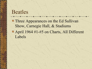 Beatles Three Appearances on the Ed Sullivan Show, Carnegie Hall, & Stadiums April 1964 #1-#5 on Charts, All Different Labels 