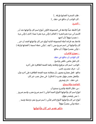 ‫. ظلت الشجرة أغصانها وارفة _2‬
‫. كان الواجب أن تدافع عن حقك _3‬

‫: الشرح‬
‫اقرأ المثلة جيدا ولحظ فى المجموعة الولى أنواع اسم كان وأخواتها تجد أن_‬
‫السم أتى مرة مفردامعربا ) العالم ( وأتى مرة مفردا مبنيا ) الذى ( وأتى مرة‬
‫. ) مصدرا مؤول ف ً )أن أجتهد‬
‫تلحظ بعد قراءة أمثلة المجموعة الثانية أنواع خبر كان وأخواتها فتجد أن خبر _‬
‫كان وأخواتها أتى اسم صريح مبنى ) كيف ( وأتى جملة اسمية ) أغصانها وارفة (‬
‫. ) وأتى مصدرا مؤول ف ً ) أن تدافع‬

‫: نموذج للعراب‬
‫كان الواجب أن تدافع عن حقك‬
‫. كان فعل ماضي ناقص وناسخ‬
‫. الواجب: اسم كان مرفوع وعلمة رفعه الضمة الظاهرة على آخره‬
‫. أن : حرف مصدري ناصب‬
‫تدافع : فعل مضارع منصوب بأن وعلمة نصبه الفتحة الظاهرة على آخره وأن‬
‫. والفعل مصدر مؤول تقديره ) الدفاع ( فى محل نصب خبر كان‬
‫. عن حقك : جار ومجرور‬

‫:القاعدة والستنتاج‬
‫: من خلل المثلة والشرح نستنتج أن‬
‫انواع اسم كان وأخواتها كأنواع المبتدأ فيأتي ) اسم صريح معرب واسم صريح _‬
‫. ) مبنى ومصدر مؤول‬
‫أنواع خبر كان وأخواتها كأنواع الخبر فيأتي ) اسم صريح مفرد وجملة وشبه _‬
‫. جملة ويأتى مصدرا مؤول ف ً‬

‫حكم تقدم خبر كان وأخواتها‬

 