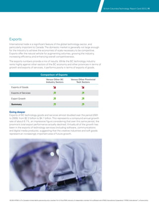 British Columbia Technology Report Card 2012 | 11




Exports
International trade is a significant feature of the global technology sector, and
particularly important to Canada. The domestic market is generally not large enough
for the industry to achieve the economies of scale necessary to be competitive.
Exports offer the natural vehicle for augmenting volumes, growing the industry,
increasing efficiency and enhancing overall competitiveness.
The exports numbers provide a mix of results. While the BC technology industry
ranks highly against other sectors of the BC economy and other provinces in terms of
growth and exports of services, it performs poorly in terms of exports of goods.

                                              Comparison of Exports
                                                      Versus Other BC                       Versus Other Provincial
                                                      Industry Sectors                           Tech Sectors

  Exports of Goods                                               î                                          î
  Exports of Services                                            ì                                          ì
  Export Growth                                                  ì                                          ì
  Summary                                                        ì                                          ì

Going deeper
Exports of BC technology goods and services almost doubled over the period 2001
to 2009, from $2.2 billion to $4.1 billion. This represents a compound annual growth
rate of about 8.1%, an impressive figure considering that over this same period, the
province’s total export performance actually declined. Virtually all of the growth has
been in the exports of technology services (including software, communications
and digital media products), suggesting that the creative industries and soft goods
represent an increasingly important area of future growth.




© 2012 KPMG LLP a Canadian limited liability partnership and a member firm of the KPMG network of independent member firms affiliated with KPMG International Cooperative (“KPMG International”), a Swiss entity.
               ,
 