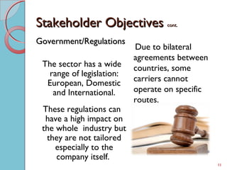 Stakeholder ObjectivesStakeholder Objectives cont.cont.
Government/RegulationsGovernment/Regulations
The sector has a wide
range of legislation:
European, Domestic
and International.
These regulations can
have a high impact on
the whole industry but
they are not tailored
especially to the
company itself.
Due to bilateral
agreements between
countries, some
carriers cannot
operate on specific
routes.
11
 