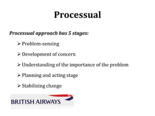Processual
Processual approach has 5 stages:

 Problem-sensing
 Development of concern
 Understanding of the importance of the problem
 Planning and acting stage
 Stabilizing change

 