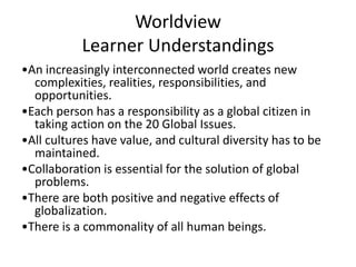 Worldview
Learner Understandings
•An increasingly interconnected world creates new
complexities, realities, responsibilities, and
opportunities.
•Each person has a responsibility as a global citizen in
taking action on the 20 Global Issues.
•All cultures have value, and cultural diversity has to be
maintained.
•Collaboration is essential for the solution of global
problems.
•There are both positive and negative effects of
globalization.
•There is a commonality of all human beings.

 